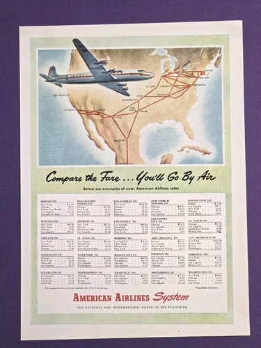 1946 VINTAGE PRINT AD - AMERICAN AIRLINES AD - COMPARE THE FARE....GO BY AIR