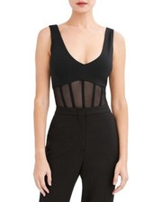 BCBGMAXAZRIA Women's Black Mesh Inset Deep V-Neck Bodysuit L87144 Size Large