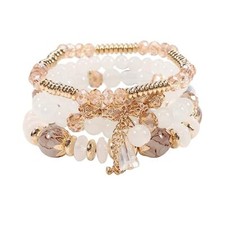 Bohemian Stackable Bracelets for Women Girls Gold Beaded Stretch Charm White