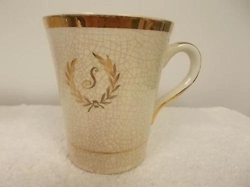 Vintage Enoch Wedgwood Tunstall Ivory & Gold Letter S China Coffee Tea Cup Mug