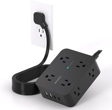 Flat Plug Surge Protector Power Strip, 10 ft Extension W/8 Outlet And 4 USB PORT
