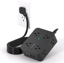 Flat Plug Surge Protector Power Strip, 10 ft Extension W/8 Outlet And 4 USB PORT
