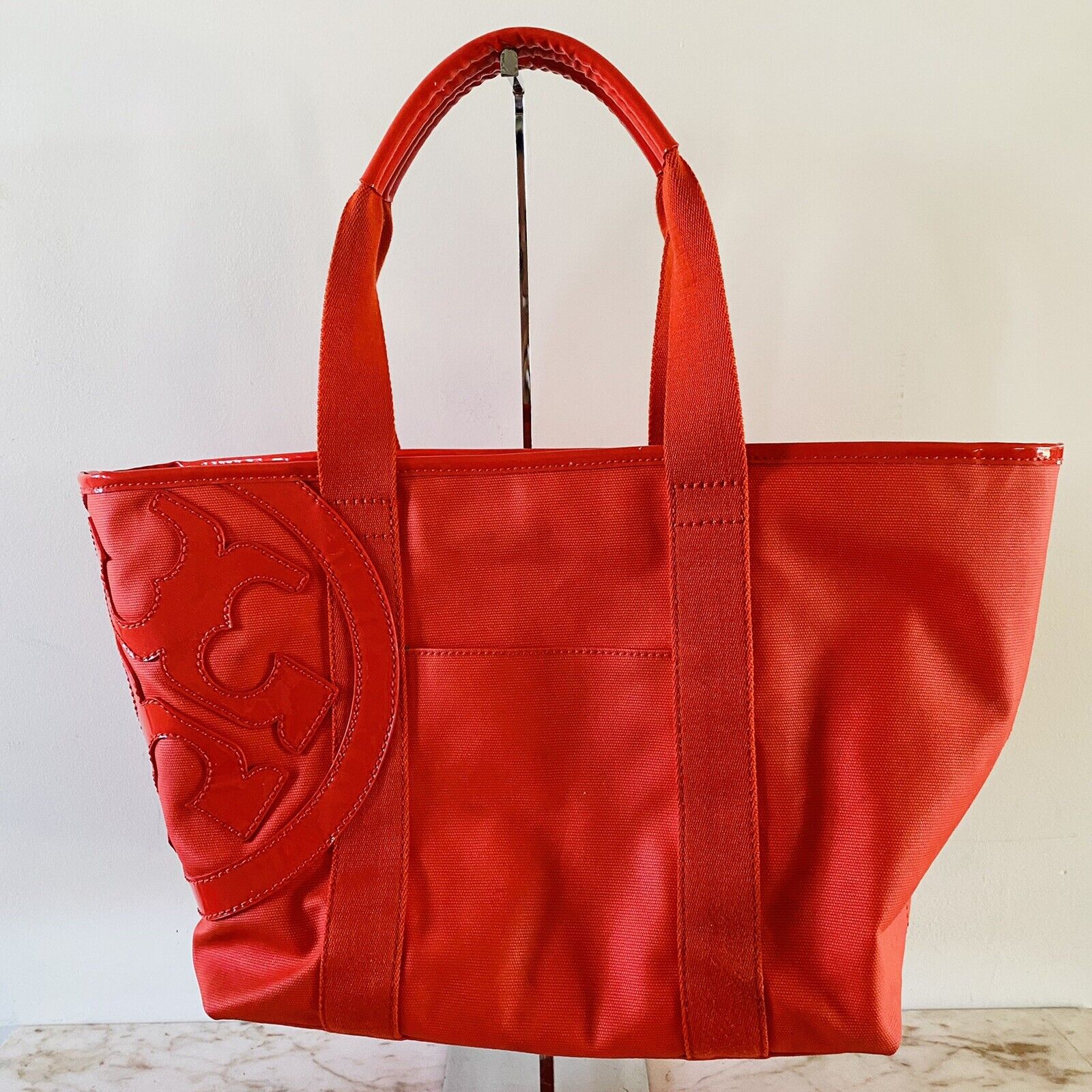 TORY BURCH Solid Red Orange Large Tote Bag Large Side Logo | eBay