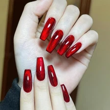 ROFIBUT Wine Red Press on Nails Long Square Coffin Fake Nails Glossy Red Acry...