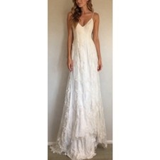 Stacees Women's Ivory Floral Lace Open Back Spaghetti Strap Bridal Dress NWT