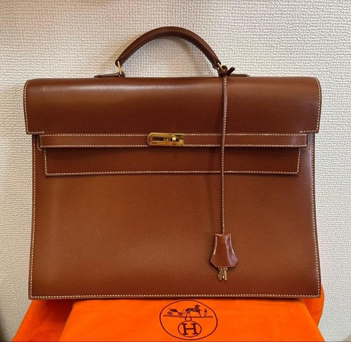HERMES Paris Kelly Depeche 38 Briefcase Business Bag Brown Leather Authentic