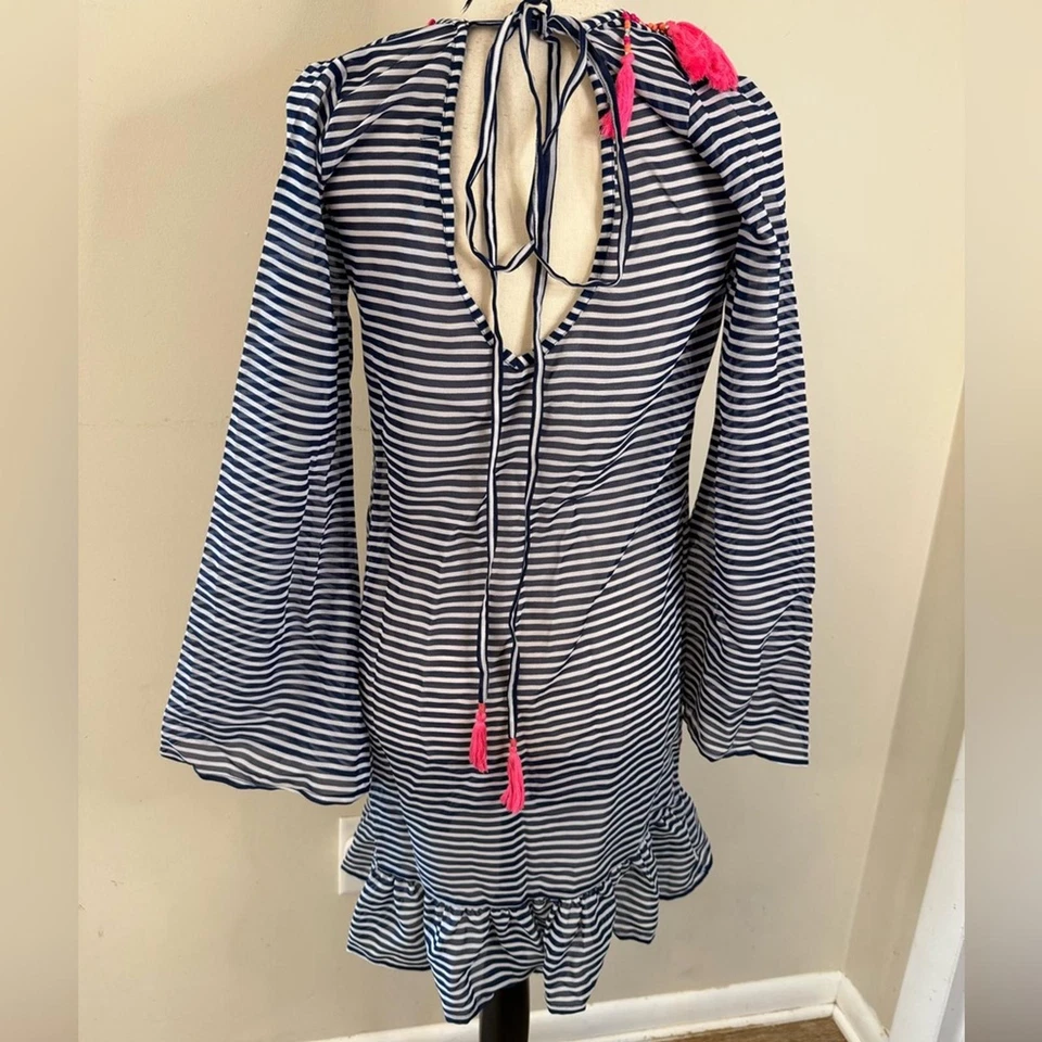 Boohoo swim coverup bold blue white stripes vibrant pink tassels & beads SZ SM - Image 2 of 4
