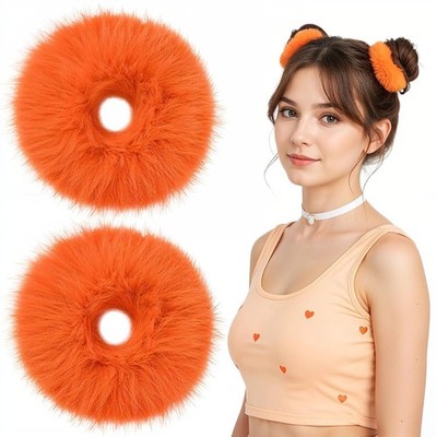2 Stück Plüsch Haargummis Neon Orange Scrunchie Pom Pom Stirnbänder Kratzbänder