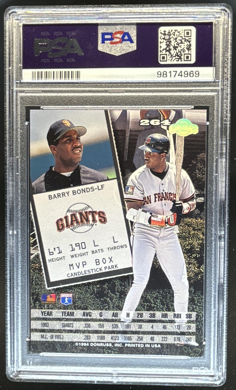 1994 Leaf Barry Bonds #264 Giants PSA 6 view 2