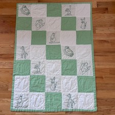 Vintage Handmade Baby Quilt Green Gingham White Embroidered Animals Hearts