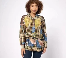 Women with Control Attitudes by Renee Como Jersey Mesh Shoulder Printed Shirt Pa
