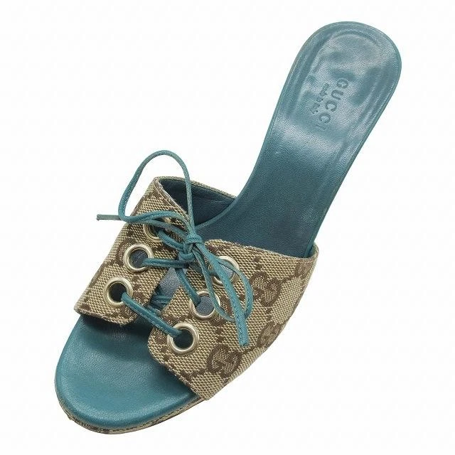 Sandales compensées Gucci GG toile à lacets cuir beige bleu 4,5 US taille 142924