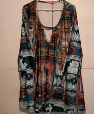 Simply Aster, Women's Plus Size 2X Blouse, Key Hole, Colorful,Multicolored 