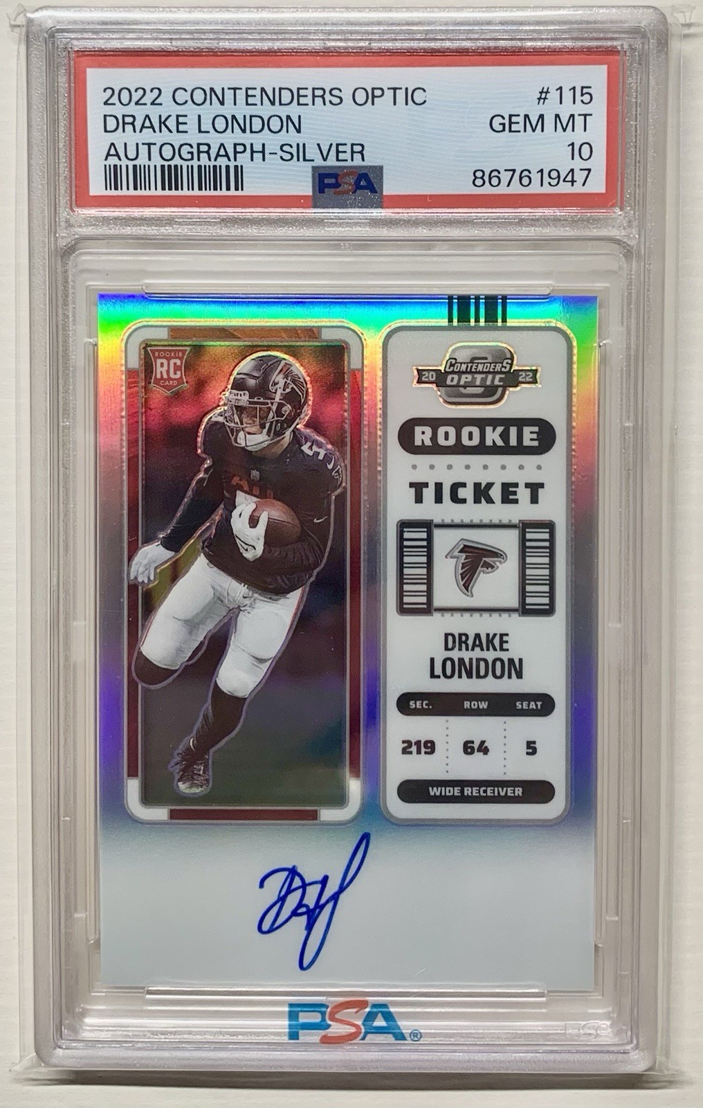 DRAKE LONDON RC 2022 Contenders Optic #115 Silver AUTO-ROOKIE CARD, PSA 10 GEM!!