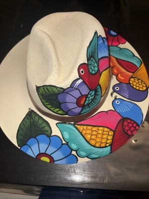 Vintage Mexican Hand Painted Hat- Artisanal-Size Large-Bright birds-Arriero