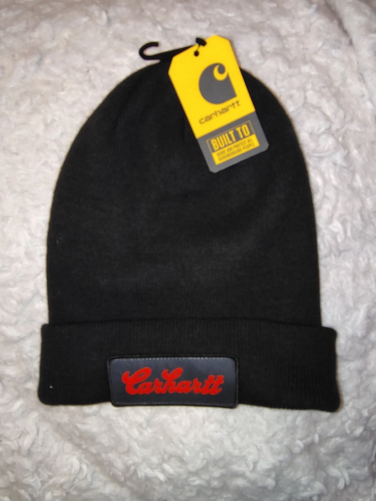 NWT Carhartt Black Knit Cuffed Red Script Below 60 Beanie
