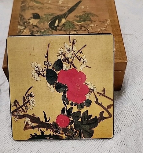 Japanese Floral Bird 6 Coaster + Wooden Box Set Cork Back Chinoiserie East Asian - Picture 17 of 20