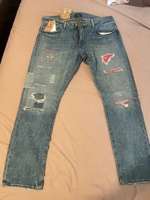 Polo Ralph Lauren Mens 35x30 Sullivan Slim Distressed Patchwork Jeans