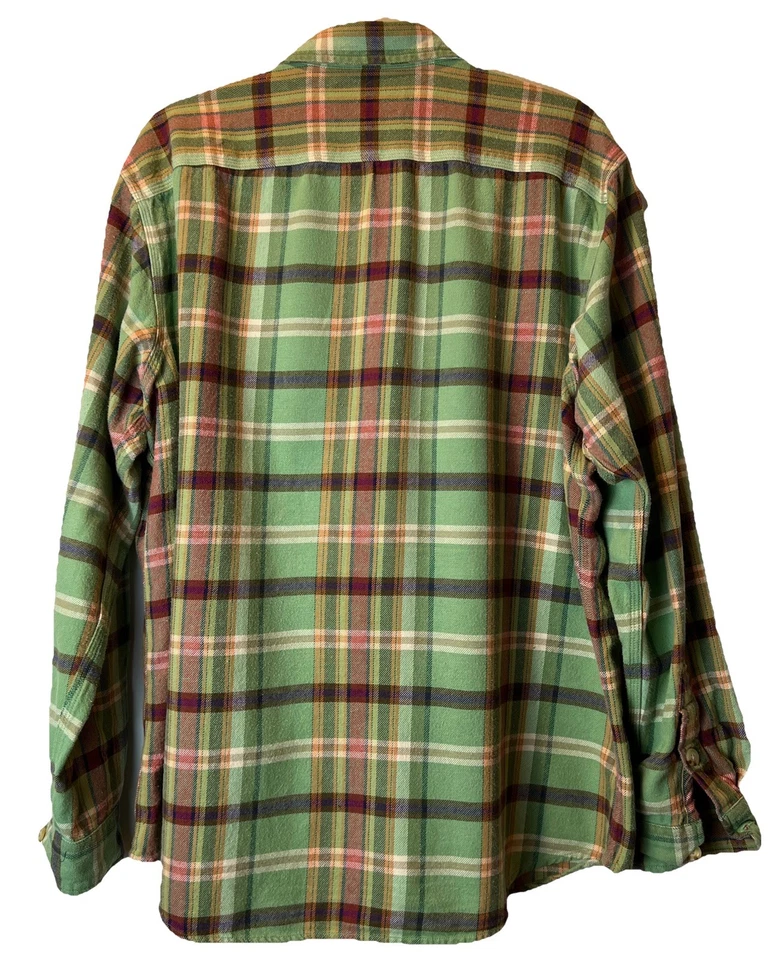 Camisa masculina vintage American Living verde vermelha xadrez flanela algodão botão para baixo - Imagem 2 de 4