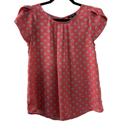 Papermoon Geometric Tile Blouse SP Coral Red Tulip Sleeve Boho Office Chic