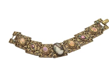 Vintage Victorian Revival Faux Opals Brass Tone Filigree Panel Link Bracelet