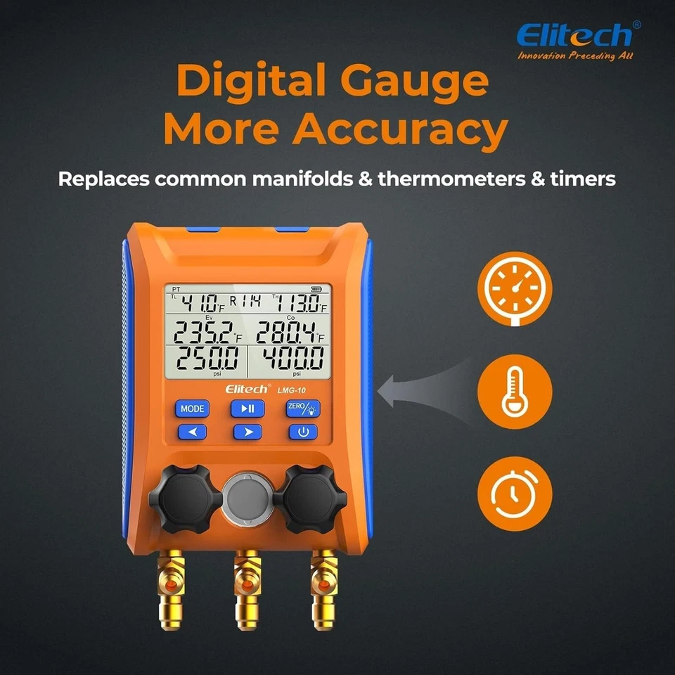 Elitech HVAC Digital Manifold Gauge 2-Way Valve w/ Thermometer Clamps (LMG-10) - Image 3 of 4