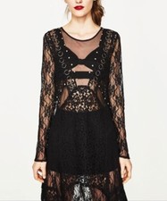 Zara Women Black Studded Lace Beach Cover Dress Size S NWT