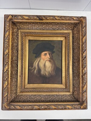 Vintage Oil on Canvas Leonardo da Vinci Portrait Signed M Zamorano Ornate Frame