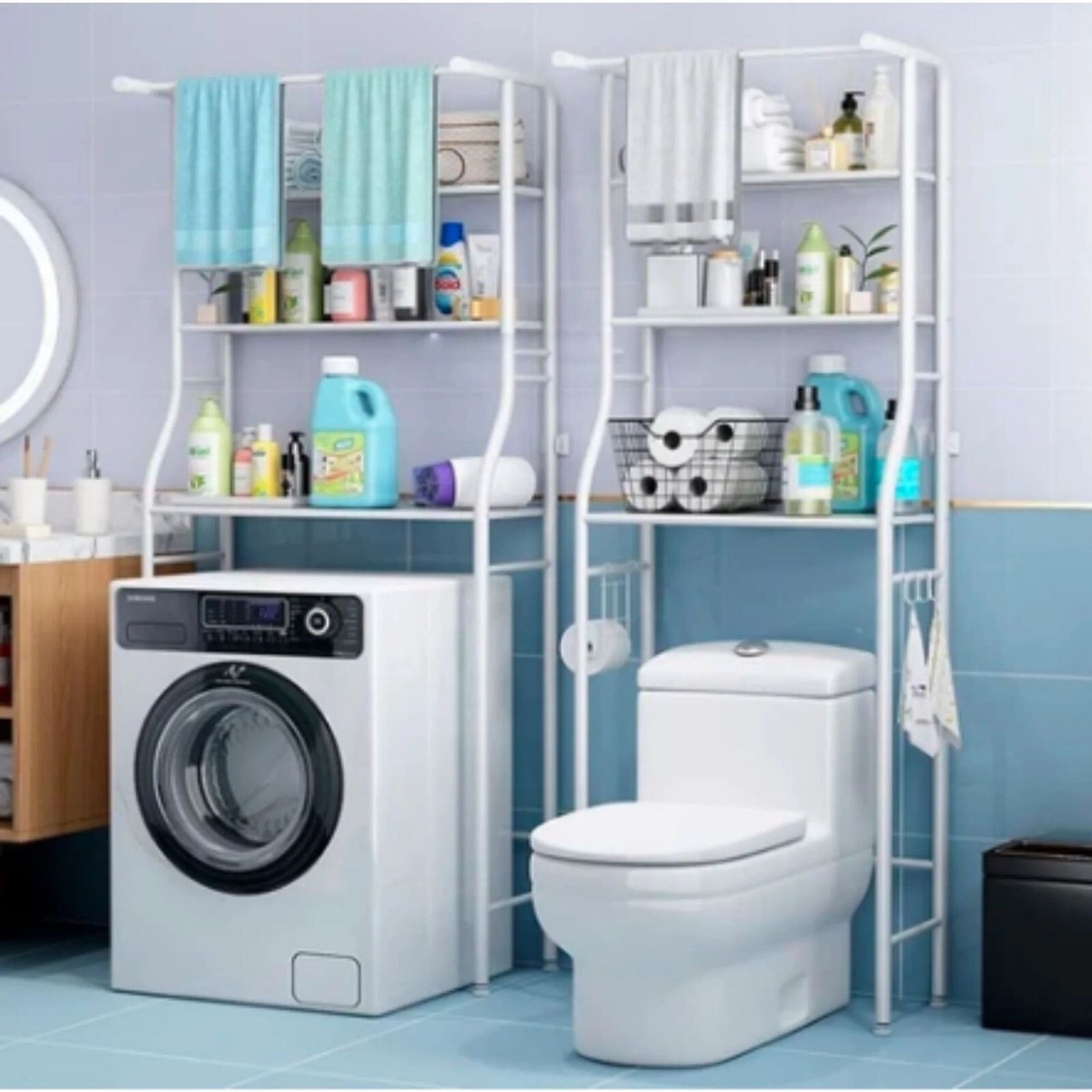 Scaffale Salvaspazio Da 155x65x25 Cm Per Sopra Lavatrice – Bagno, 3 Ripiani, Colore Bianco – BES