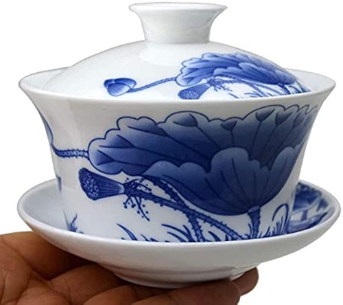 Porcelain Gaiwan 9oz Teacup Blue White Chinese Gongfu Tea Set Lip Cup Saucer - Picture 1 of 19
