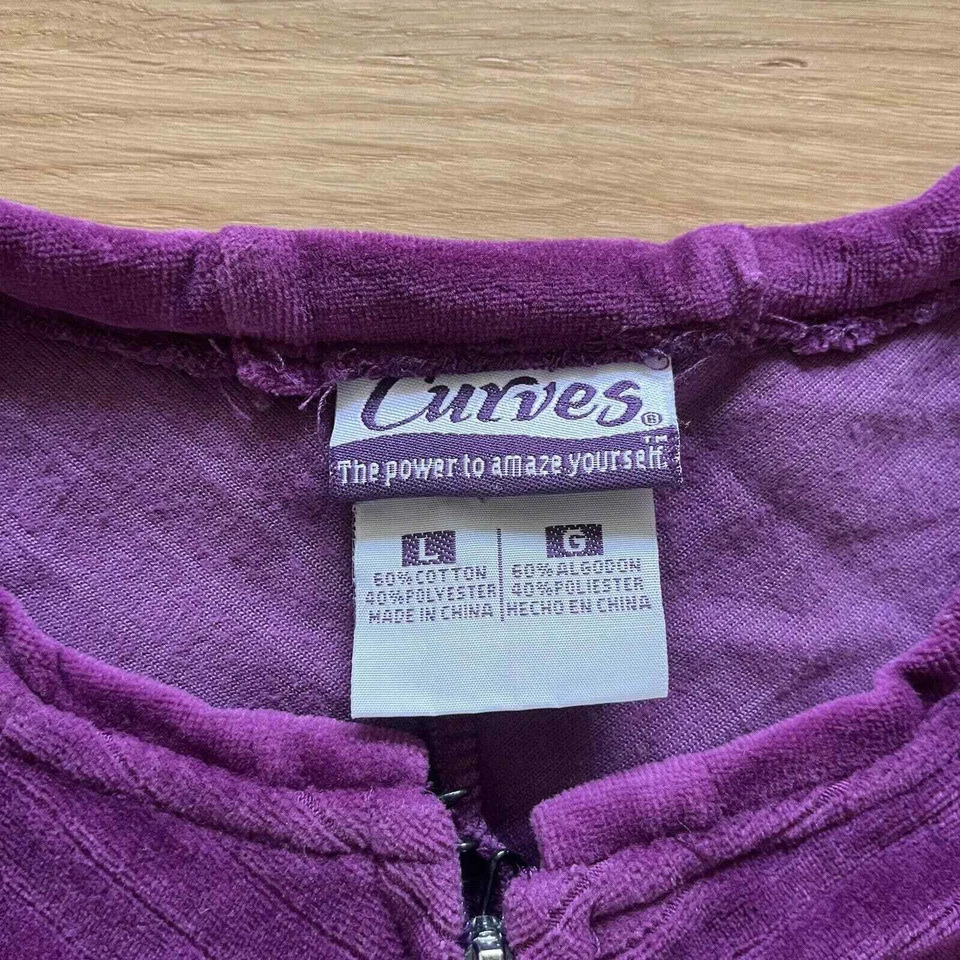 Jaqueta de veludo feminina marca CURVES grande zíper completo roxa Athleisure vintage - Imagem 2 de 4