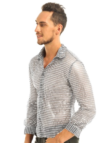 Men's Shiny Sequins Shirts Long Sleeve Button Down Shirt Disco Top Party Costume - Picture 25 of 66