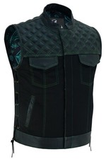 Men's Black Denim and Leather Motorcycle Club Vest with Green Thread Diamond
