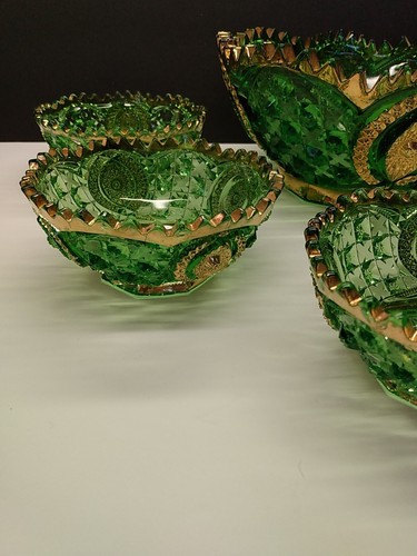 6pc Antique Northwood Memphis Emerald Green Glass Berry Bowl Serving Set Stamped - Picture 7 of 24