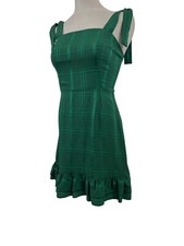 Showpo Mini Dress Dark Green Plaid Ruffle Hem Shoulder Tie Sz 2