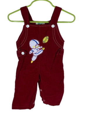 Baby Boys Vintage Tiny Tots Red Corduroy Football Applique Overalls Size 12 Mont
