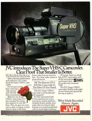 1987 PRINT AD, JVC Super VHS-C Camcorder Clear Proof That Smaller Is Better Rose