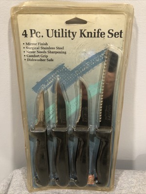 4 pc Kitchen Knife Surgical Stainles Taiwan Utility VTG No Sharpen Robinson NEW