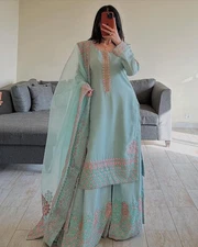 Latest Sky Blue Faux Georgette Kurta Palazzo With Organza Silk Dupatta For Women