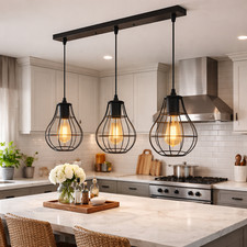 Industrial 3-Light Pendant Ceiling Light Black Cage Kitchen Dining Hanging Lamp