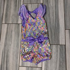 Girls Weissmans Flutter Sleeve Short Leotard Dance Costume Purple Sequins SC