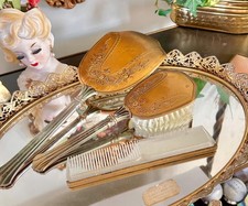 Vintage Vanity Set, Rose Gold Tone Metal and plastic Mirror Brush Comb - USA mad