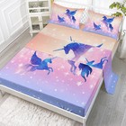 Bedding Fitted Sheet and Flat Sheet Set 4Pcs Starry Sky Unicorn Printed Beddi...