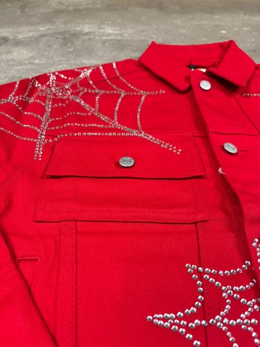 Sp5der Web Rhinestone Denim Cropped Trucker Jacket Red - 第 4/14 張圖片