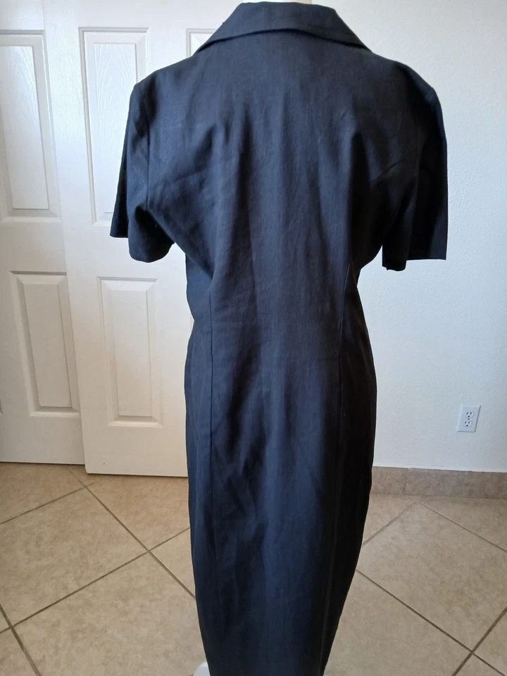 Vestido Karin Steven’s Mujer Negro Mezcla Lino Manga Corta Madera Botón Talla 12 Foto 3 de 4