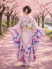 Kimono Long Sleeve Floral Pattern Full Set Silk 159.5cm Used