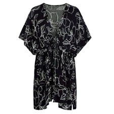 Time and Tru Ruched Tie-Front Kimono Top L/XL Black White Floral New NWT
