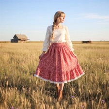 Vintage 80s Made USA Floral Prairie Folk Western Ruffle Midi Skirt Girls Size 14