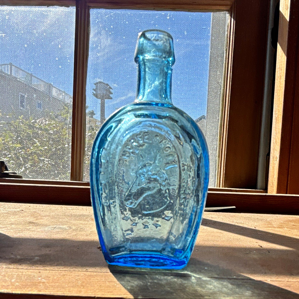Emboose Design Blue Glass Flask Bottle with Embossed Front Design, Embossed Glass ...