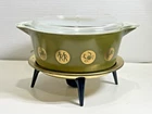 Rare VTG Pyrex Zodiac 475-C 30 Green Casserole w/ 475-C Lid & Cradle Stand